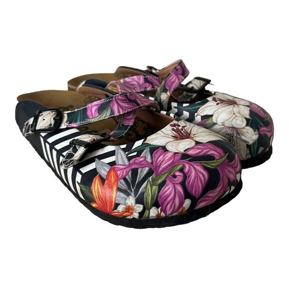 Calcio size 38 EU / 7.5 US Black & Pink Floral Stripe Clogs EUC - Picture 15 of 16
